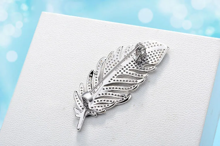 Fashion leaf Feather 925 sterling silver Brooches for Women Corsages with Shining Crystal Brooch Big Scarf Clothes Accessories
