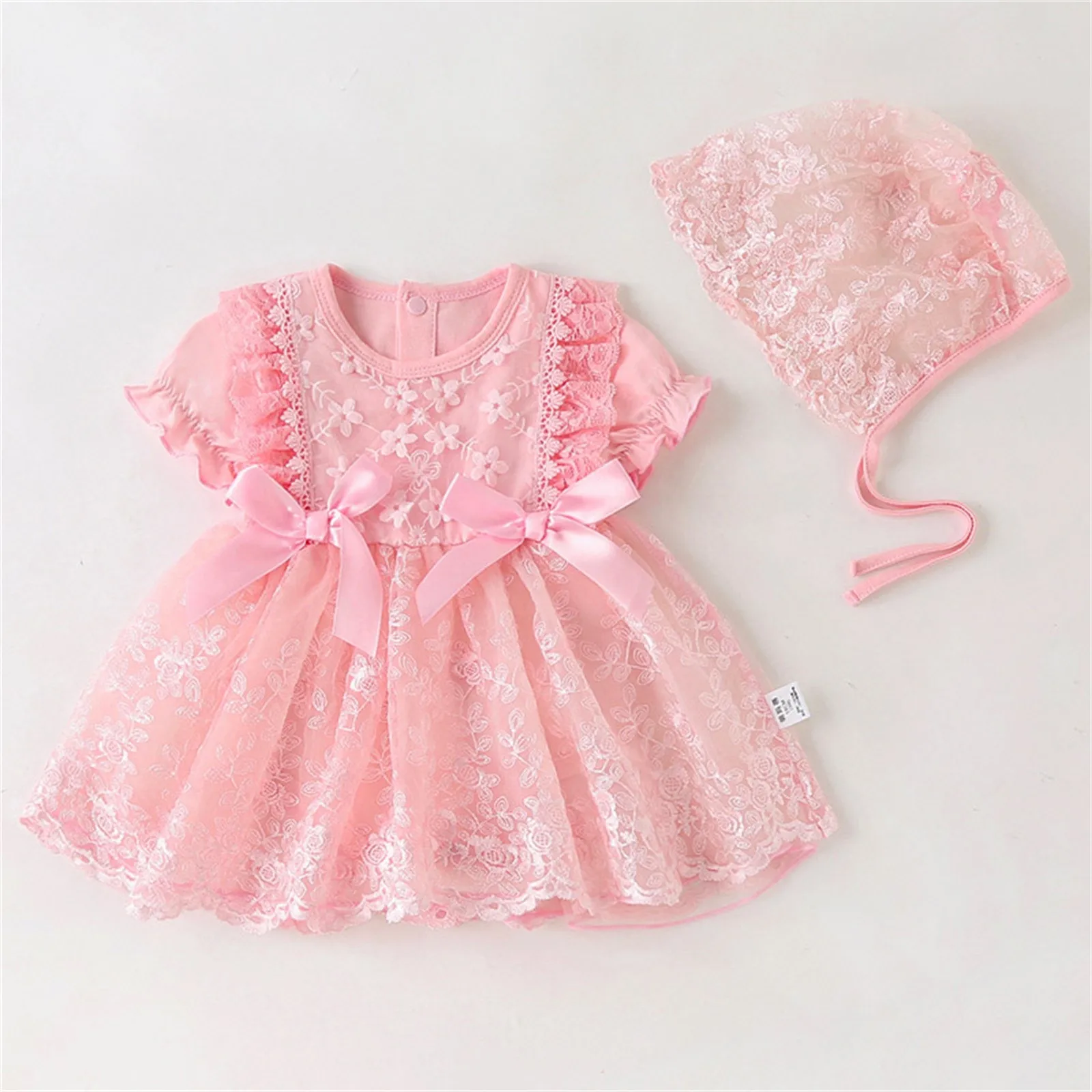 Newborn Baby Girl Dress Baptism Dress&Hat Pink Christening Dress For Baby Girl Lace Vestidos Bebe Robe Bapteme 3 6 9 18Months