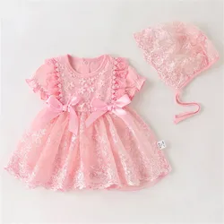 Newborn Baby Girl Dress Baptism Dress&Hat Pink Christening Dress For Baby Girl Lace Vestidos Bebe Robe Bapteme 3 6 9 18Months