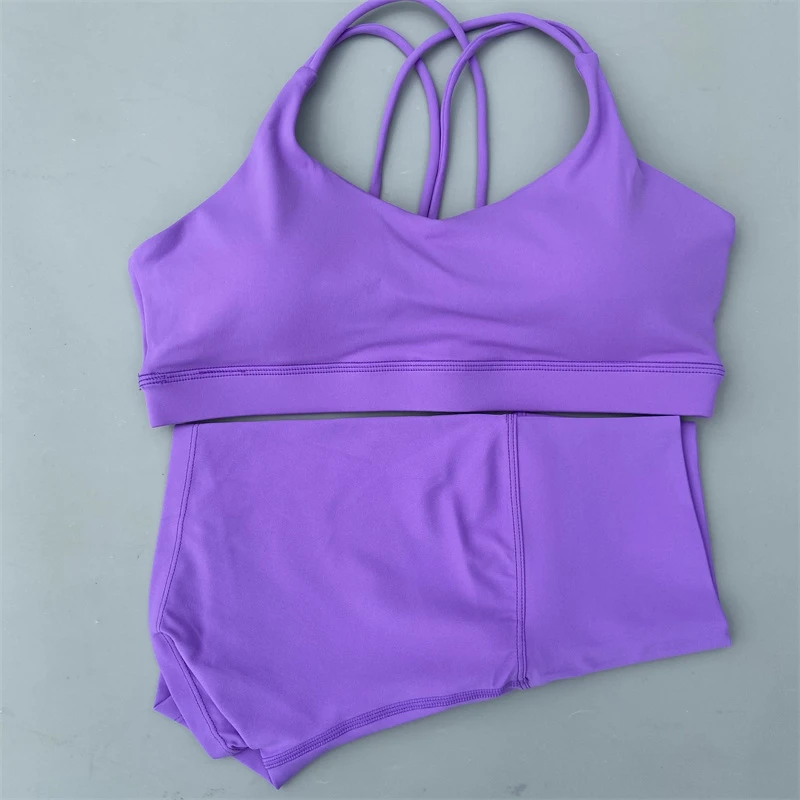 Yoga Shorts Set Gym Sports Set 2 Piece Women Workout Outfit Fitness Suit Cross Straps Bra High Waist Shorts Running Tracksuit