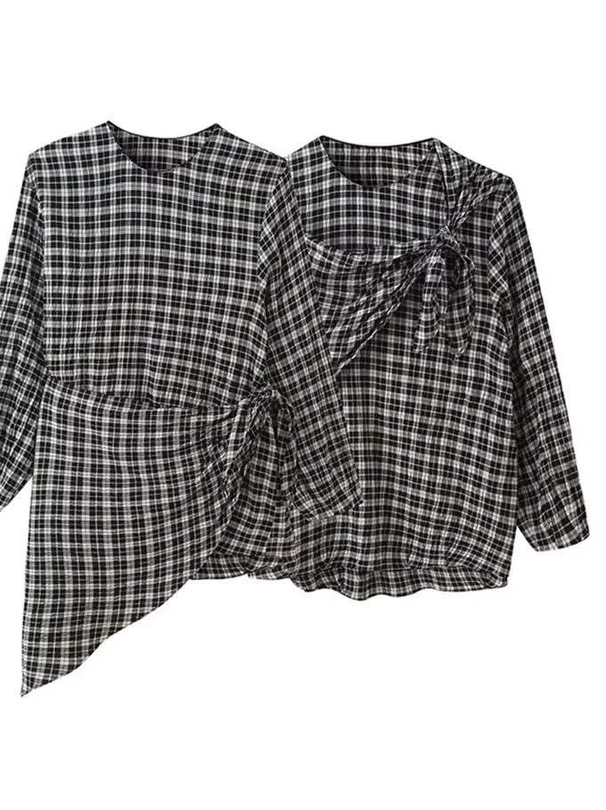 Irregular rendas até camisas femininas xadrez vintage o pescoço manga longa camisa oversize 2025 outono moda casual senhoras blusa