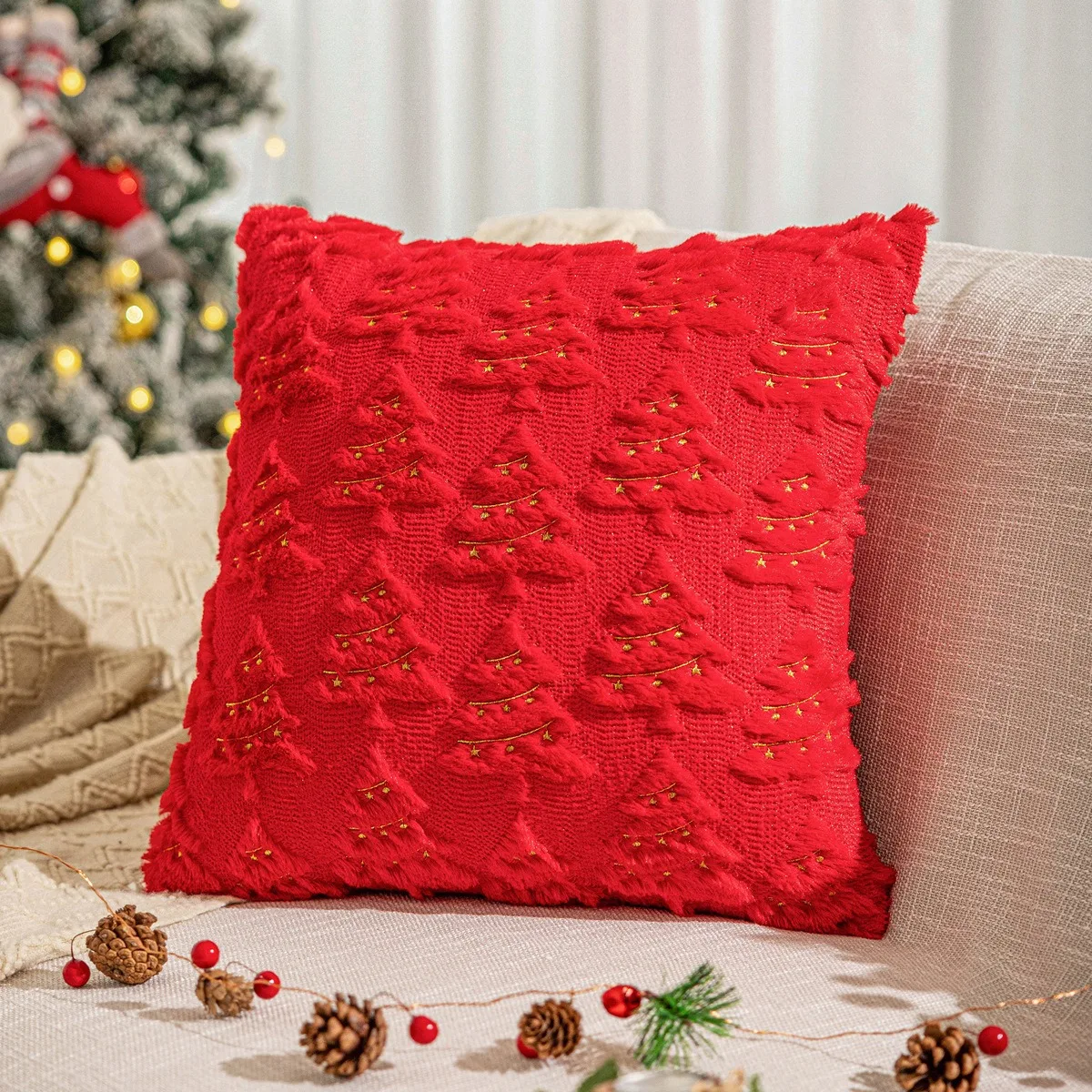45x45 cm Natale Rosso Federa 3D Albero di Natale Modello Solido Pelliccia Sintetica Velluto Divano Decorazione Federa Copertura del Cuscino Decorazioni per la Casa