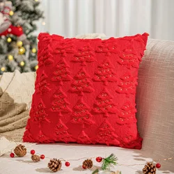45x45cm Christmas Red Pillowcase 3D Xmas Tree Pattern Solid Faux Fur Velvet Sofa Decoration Pillowcase Pillow Cover Home Decor