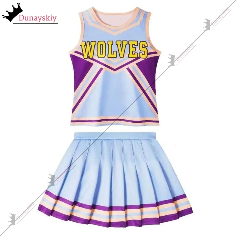 Child Girls Cheerleader Round Neckline Letters Printed Skirt 2Pcs Flower Balls Set School Season Sports Event Clothes
