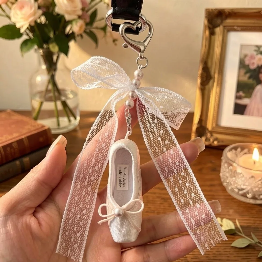 Sweet Pearl Ballet Shoes Key Chain Pink Ribbon Ins Korean Mobile Phone Pendant Ballet Shoes Keyring Bag