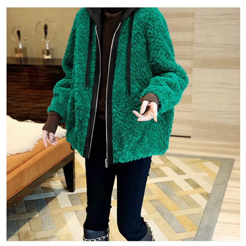 Green Plush Jackets For Women 2023 Zipper Hooded Stitching Coat Autumn Winter Fashion Long Sleeves Chamarras Para Mujer