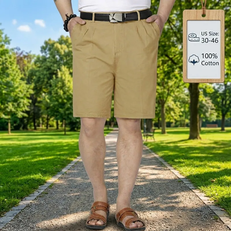 Pantalones Cortos Bermuda para Hombre, Ligeros, de Verano, 100% Algodón, Color Caqui Gris, Corte Recto, Tallas Grandes 40 42 44, Holgados, Estilo Chino, para Oficina