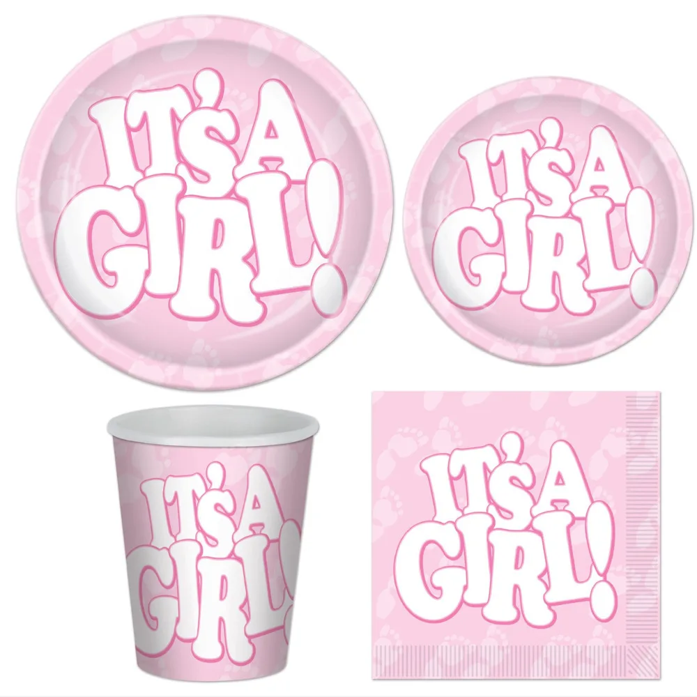 

Baby Girl Party Pink Tableware Set It is a girl Paper Plate Paper Cup Tissue Tableware Set Baby Shower Disposable Tableware Set