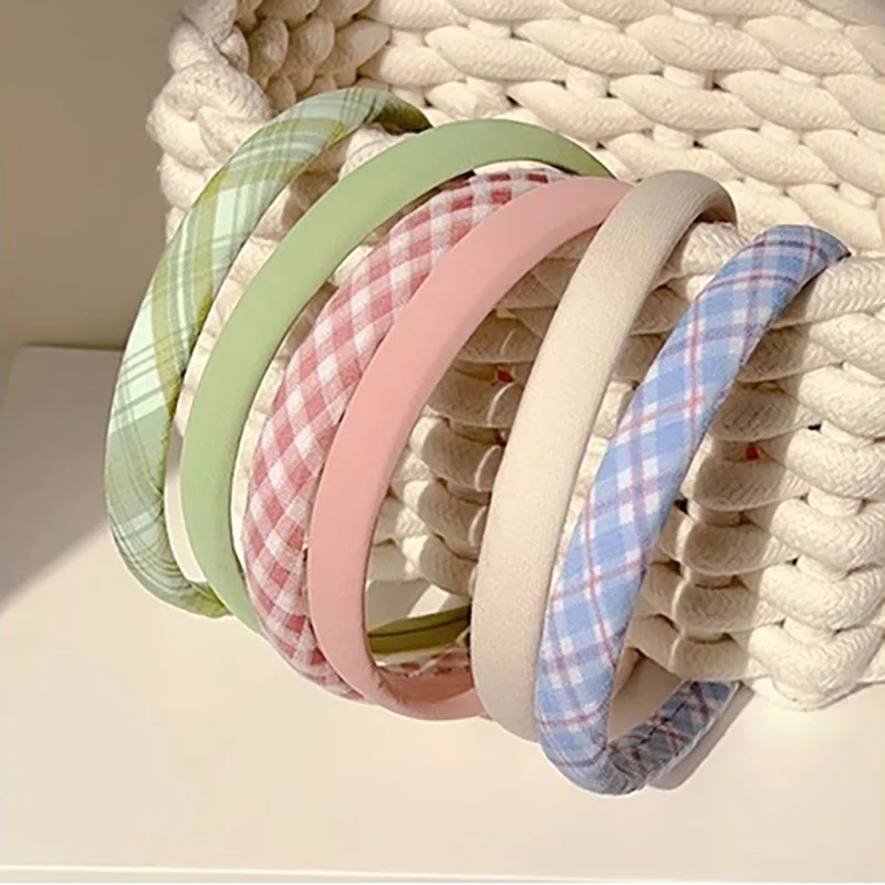 2PCS Spring & Summer Sweet Versatile Solid & Plaid Fabric Padded High-Crown Women’s Thin Headband