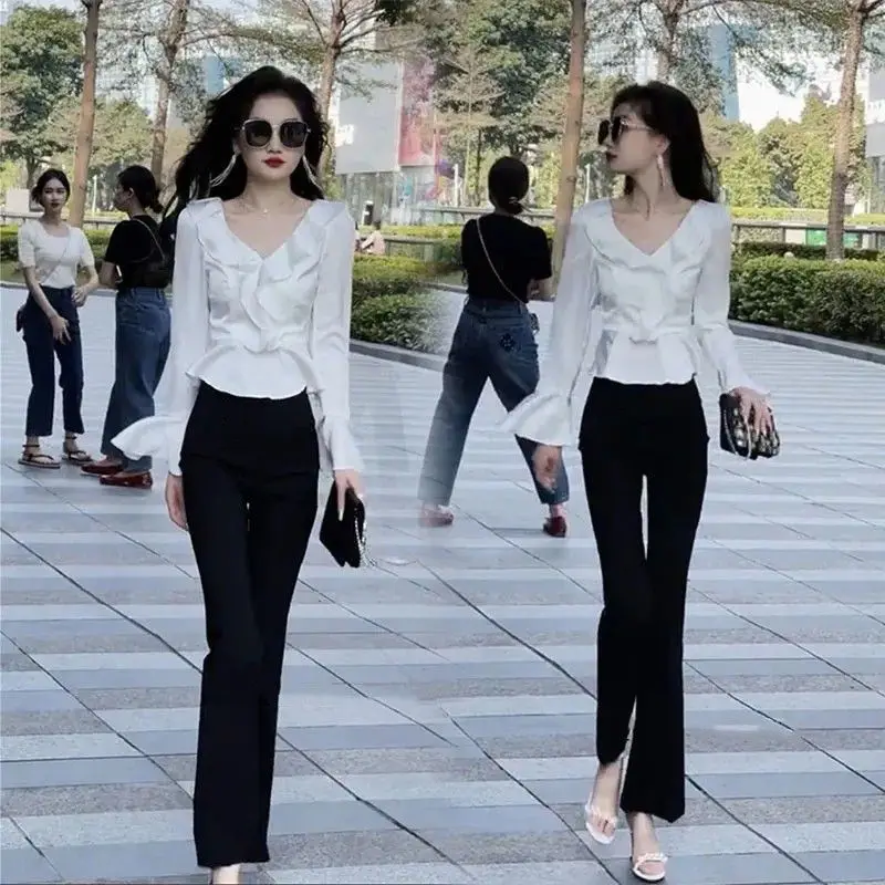 Elegant Fashion Set Women's High Waist Flared Pants Long Sleeve Shirt V-Neck High Quality Polyester Fiber Office Wear