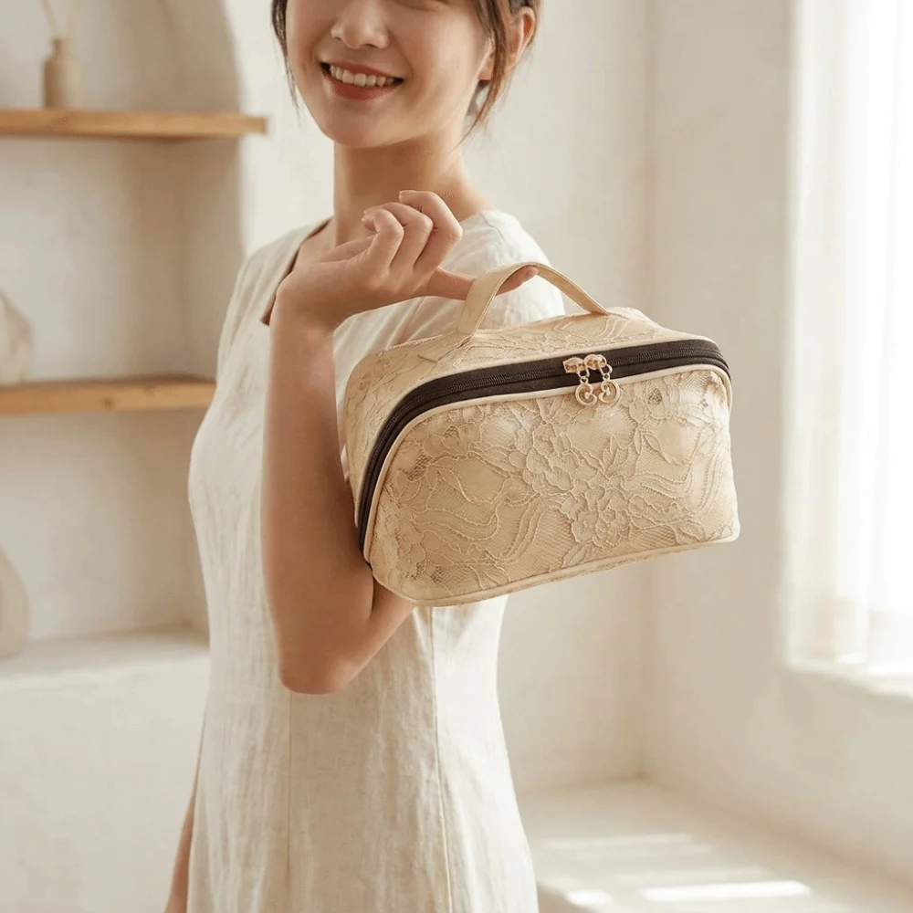 Fashion Solid Color Lace Makeup Bag Large Capacity with Handle Cosmetic Storage Bag Floral Breathable Toilet Bag Women