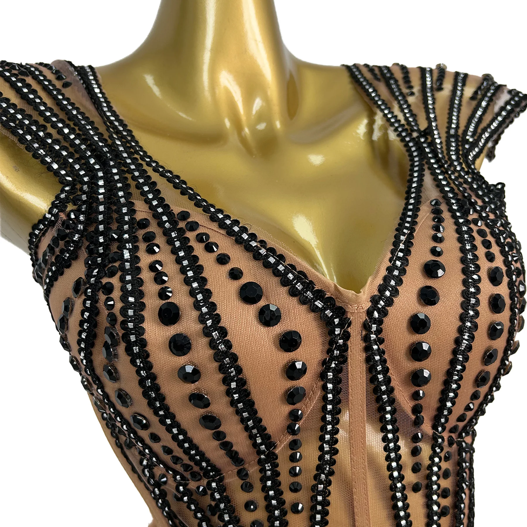 Jianrui مثير الكرة منظور شبكة العباءات ضيق مشد اللباس الأسود حجر الراين غير النظامية تنورة قصيرة شريط الأداء اللباس #1