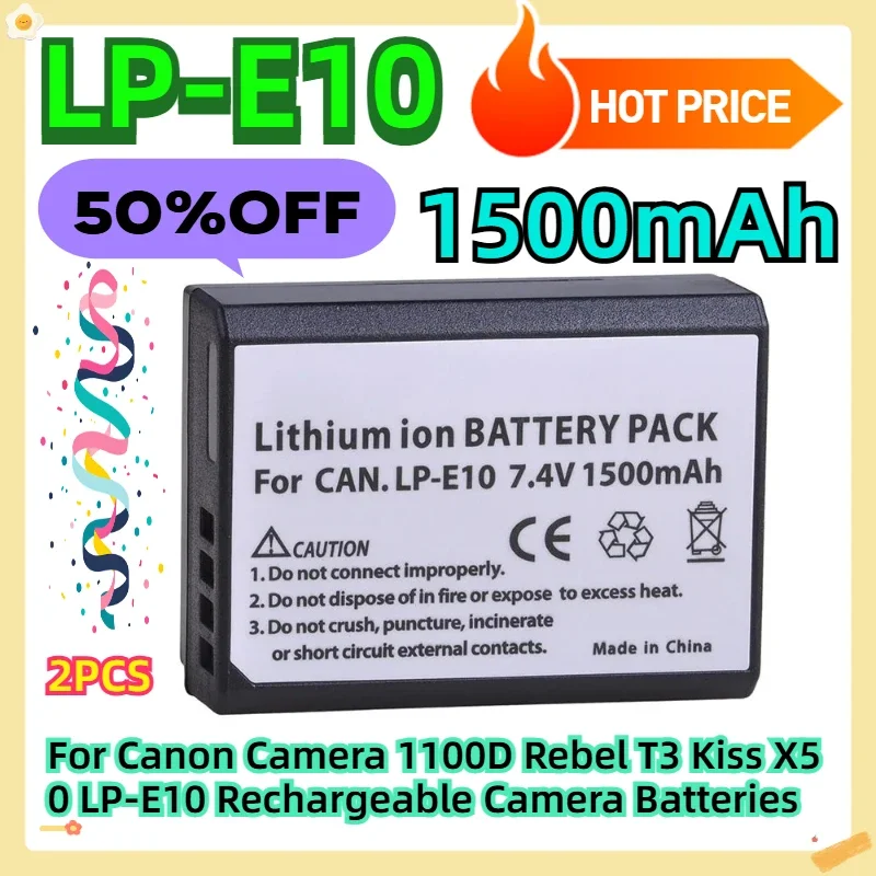 For Canon Camera 1100D Rebel T3 Kiss X50 LP-E10 Rechargeable Camera Batteries 1500mAh 2pcs