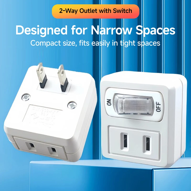 Compact Rotatable Power Strip 2-Outlet with Switch LED Indicator 15A 125-250V Flame Retardant for Desktop Computer Equipment