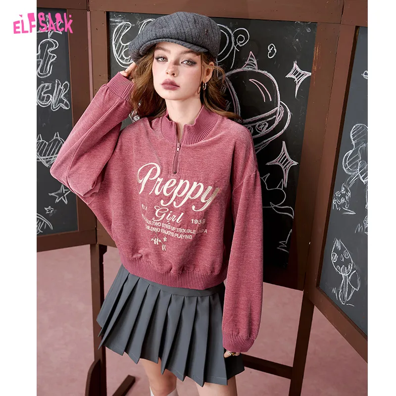 ELFSACK 2024 Autumn New Arrivals American retro pink half zipper short long sleeve sweatshirt for women