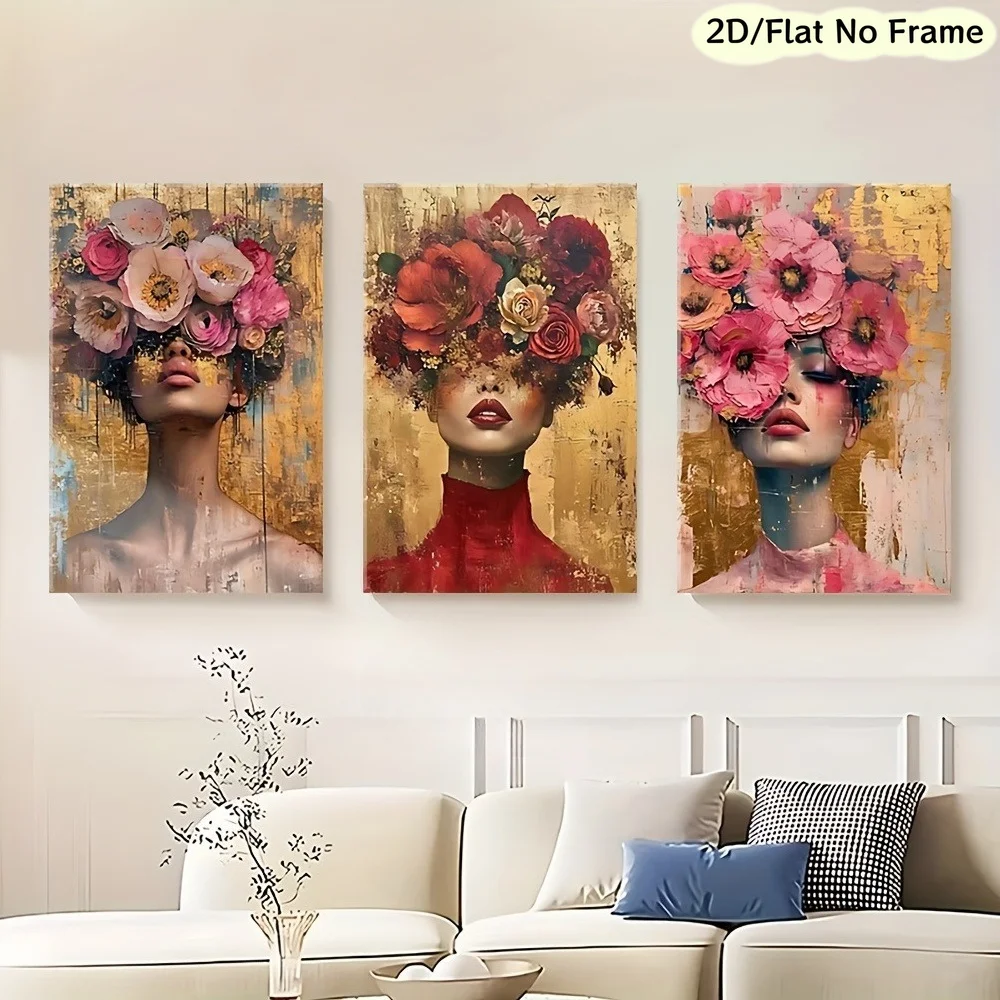 （Noframe 3PCS）-2D Flat, 2D/FLAT Frameless, 3pcs Set Depicting a Woman Adorned with Flowers, Suitable for Posters and Prints i