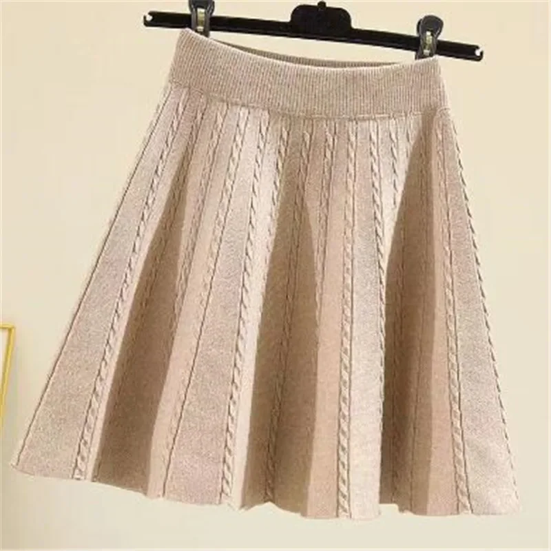 Winter Warm Knit Pleated Short Skirt Women Elastic High Waist Sweater Skirts Autumn Solid Elastic Knitting Ribbed Mini Skirt