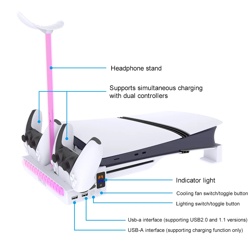 حامل تبريد أفقي لجهاز PS5 PRO/قوس أفقي نحيف مقاوم للتآكل وحدة تحكم مزدوجة رف شحن وحامل سماعة الرأس