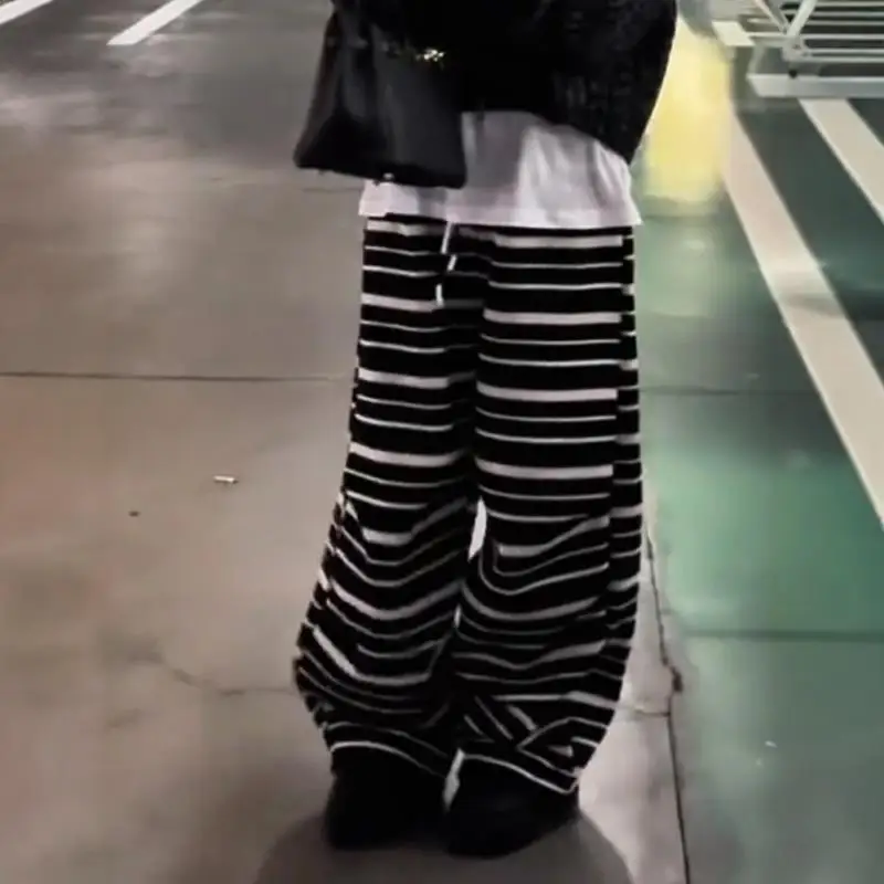 

High Waist Loose Lazy Sle Autumn Winter New Faion Bla White Stripes Wide Leg Floor Length Casual Pants Women Anti-Aging
