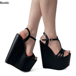 Rontic Women Summer Platform Sandals Wedges High Heels Round Toe Elegant Black White Casual Shoes Ladies US Plus Size 4-15