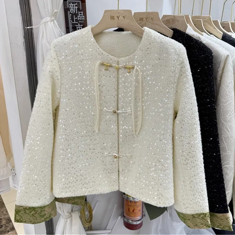 2024 primavera nuovo cappotto da donna di fascia alta con paillettes in raso cinese Patchwork fibbia a disco Chic Top Jacket abbigliamento donna femminile 2673