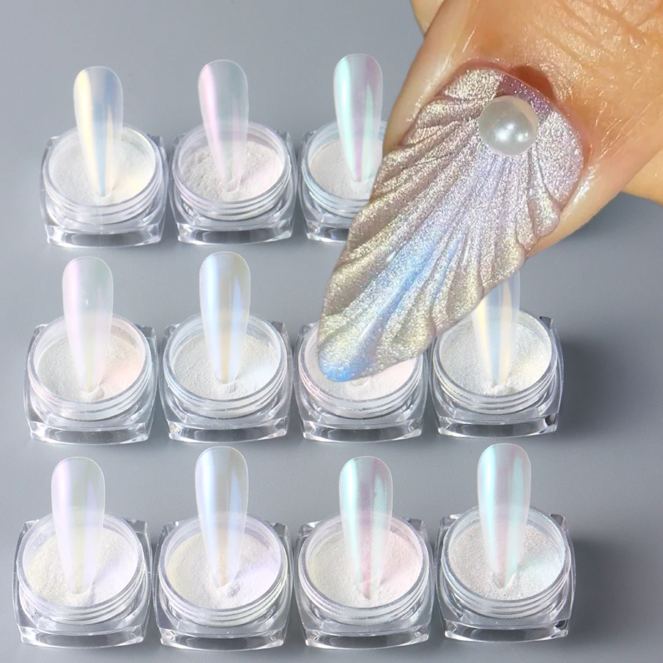 12 Colors Aurora Pearl White Nails Glitter Dust Mirror White Iridescent Fairy Fine Chrome Powder Reflective Pigment