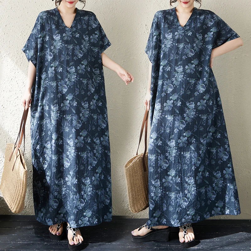 

Summer New Loose Cotton Linen Long V-neck Beach Skirt Artistic Women's Robe Citywalk Batwing Sleeve Short Sleeve Straight Cut...