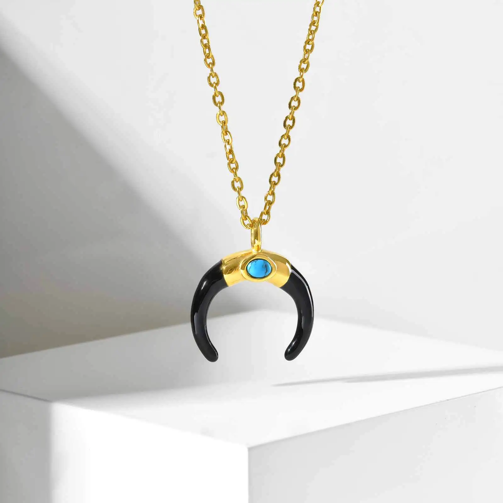 

Turquoise Crescent Moon Necklace for Men Boy Black Gold Color Stainless Steel Pendant Ethnic Style Fashion Jewelry Birthday Gift