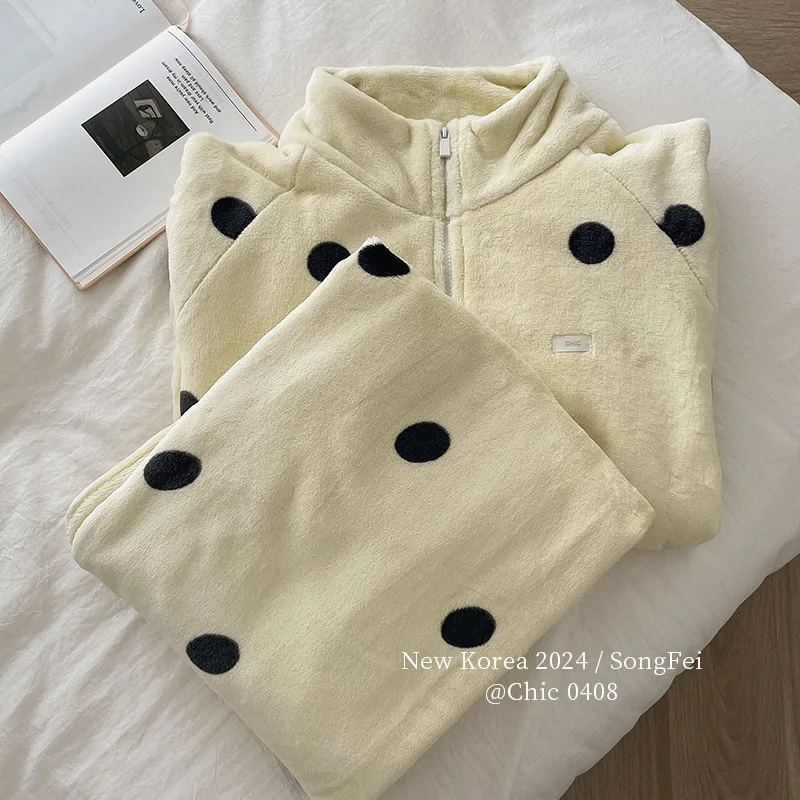 Polka Dot Nachtkleding Dames Coral Fleece Winter Nieuw Vest Warm En Flanel Dikke Thuis Pak Set Rits Top Vrouwelijke nachtkleding