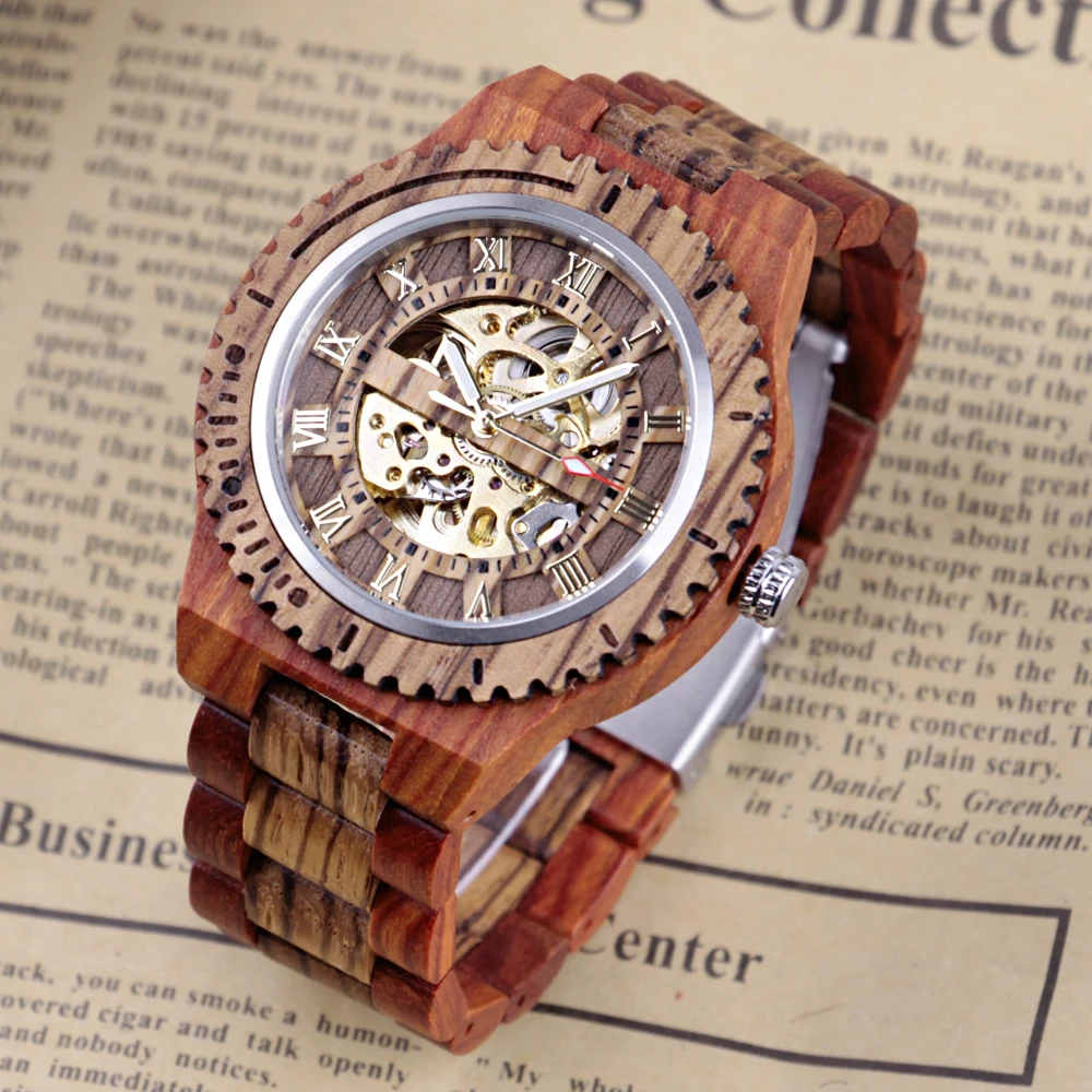 

Featured Business Red Wooden Men's Watch Folding Buckle High Quality Wooden Watch Popular Mechanical Automatic Wooden Gift