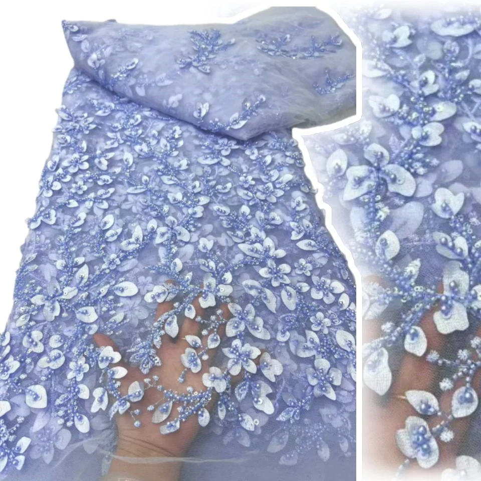 

African Lace Fabric 2025 High Quality French 3D Flower Sequins Embroidery Beads Tulle Lace Fabric For Party Dress AH1582