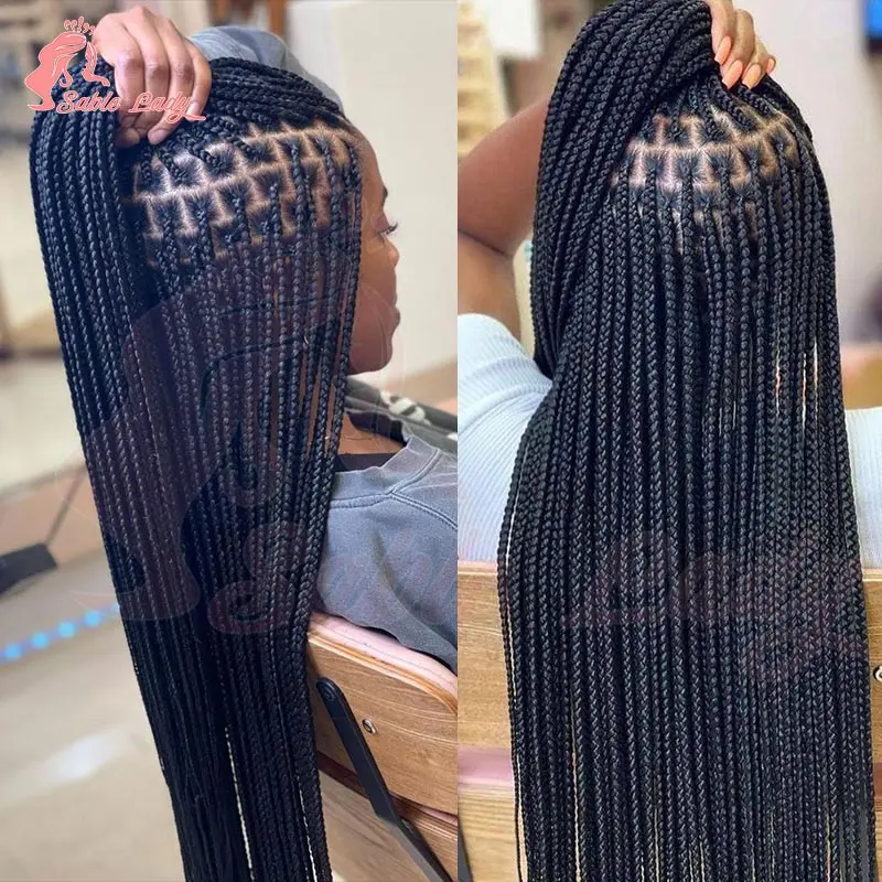 36 بوصة طويلة كامل الدانتيل شعر مستعار مضفر للنساء السود الاصطناعية Knotless صندوق الضفائر شعر مستعار الأفرو آلهة Locs اليدوية كورنو شعر مستعار #2
