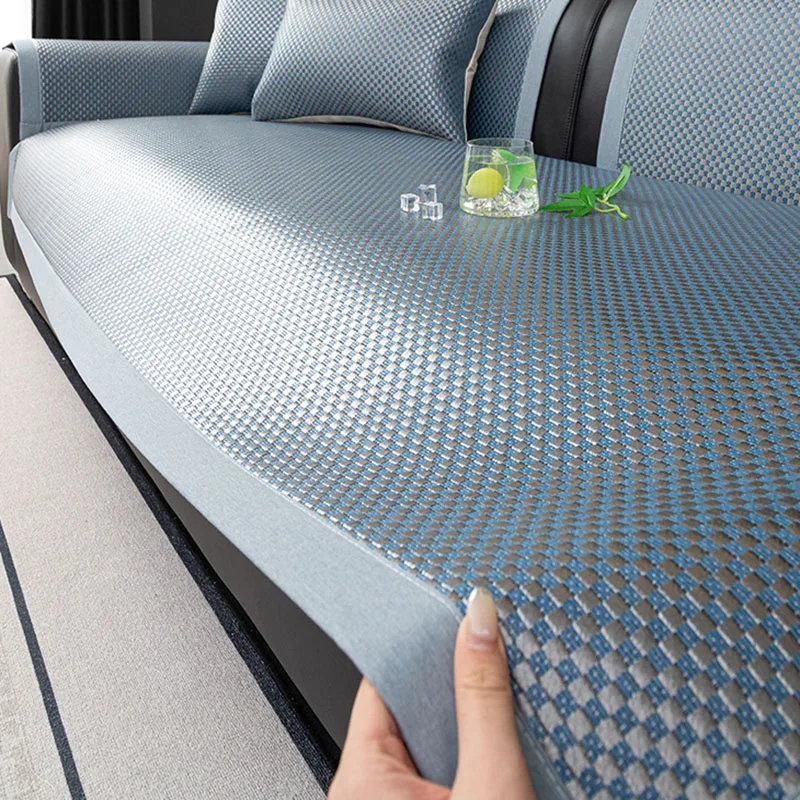 Solid Color Ice Rattan Cooling Sofa Cushion Slipcover Summer Skin-Friendly Sofa Cover for Lounge Non-Slip Furniture Protection