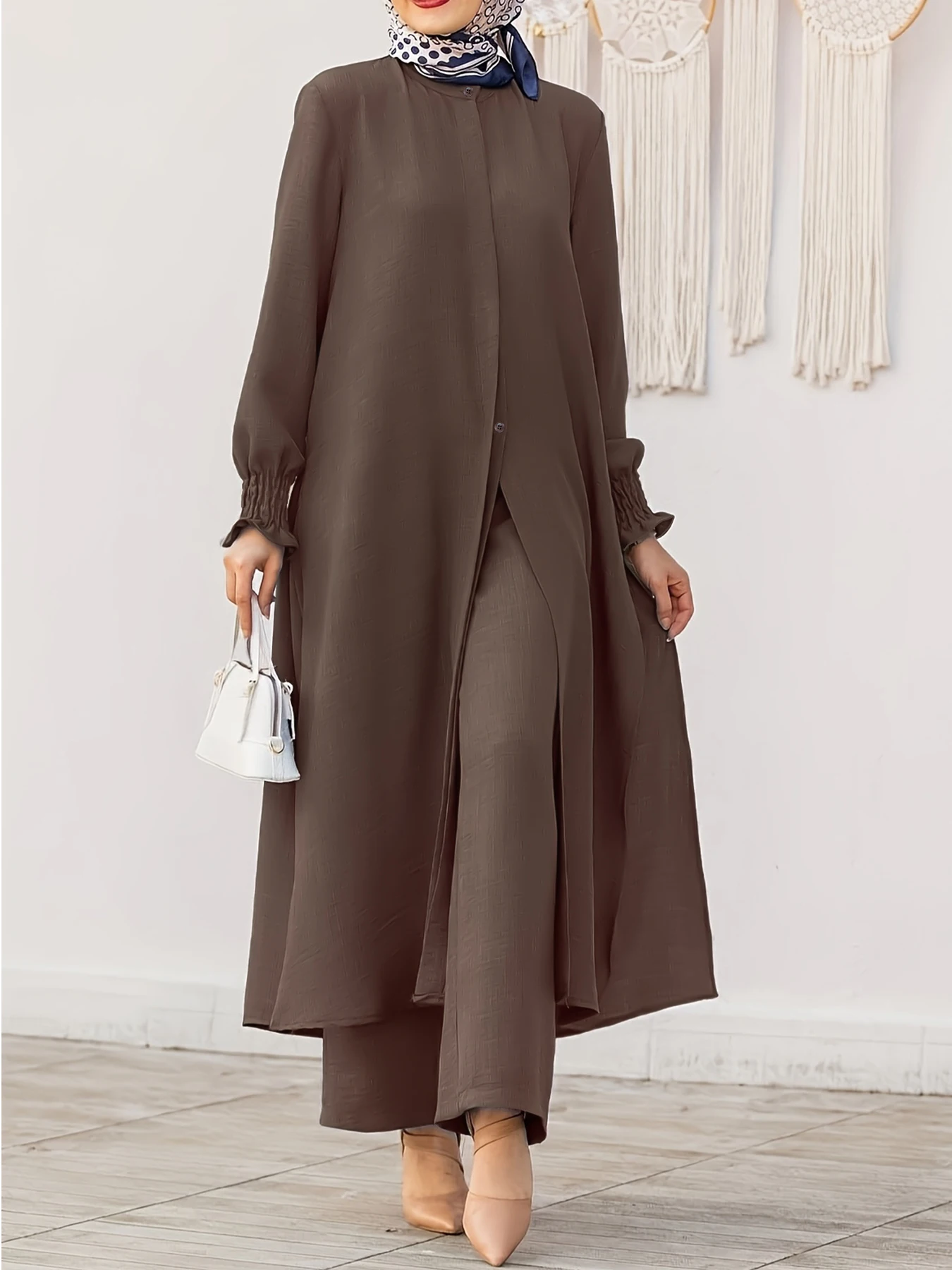 Women's Dark Brown Stand Collar Long Cardigan And Wide Leg Pants Office Suit Muslim Loose Fit Casual Wear Set