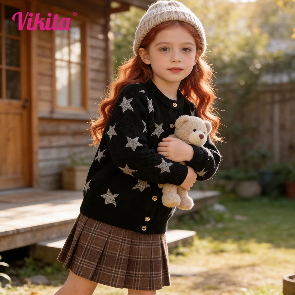 VIKITA Toddlers Silver Star Cardigans Kids Round Neck Button Sparkly Casual Daily School Street Cool Black Sweaters Outfits
