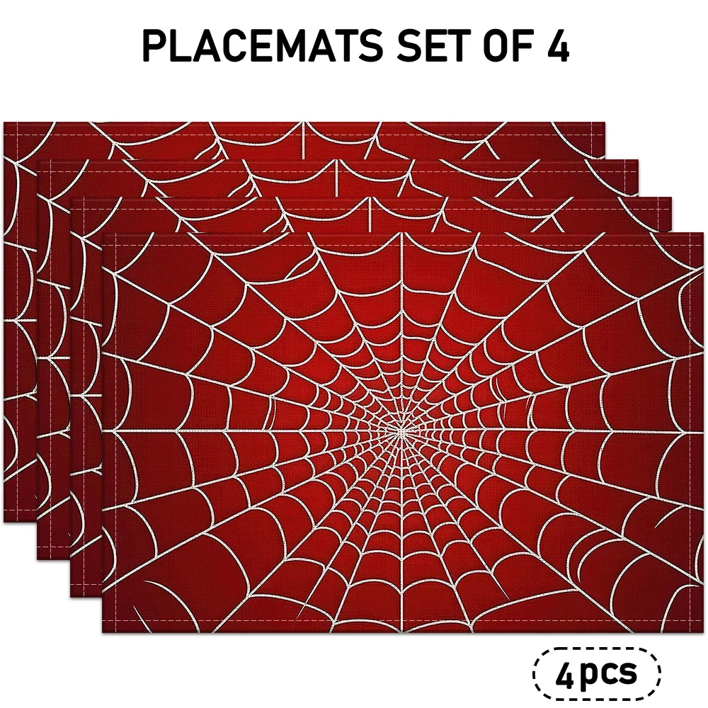 4pcs Red Spider‑Web Placemat Set, Creative Geometric Print for Home Restaurant Daily Dining Table Decor
