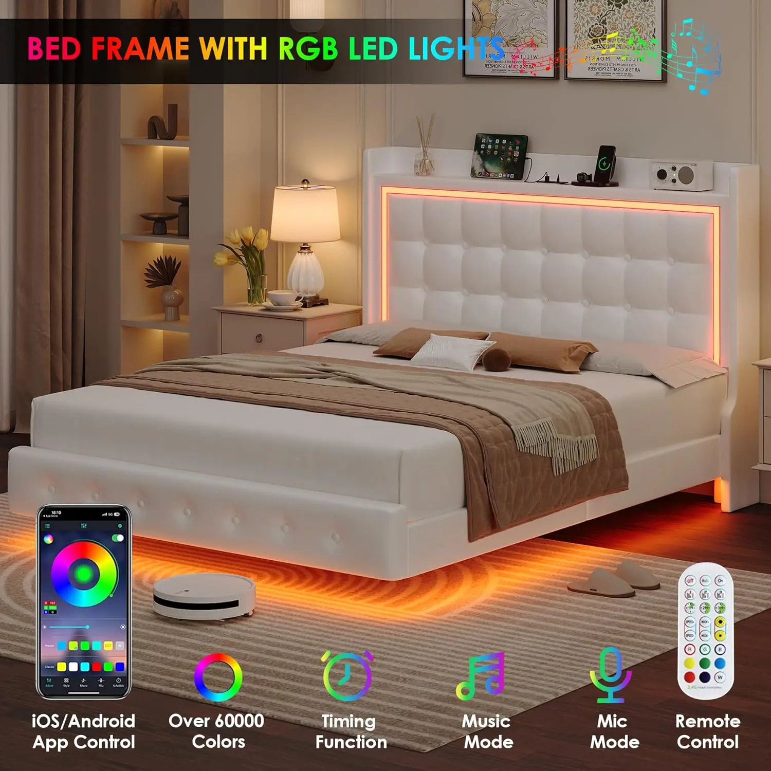 Estrutura de cama flutuante completa estofada Keyluv com luzes LED e estação de carregamento, cama de plataforma de couro pu com armazenamento capitoné de botão