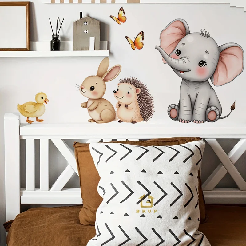 Cartoon Animal Wall Sticker - Elephant Bunny Hedgehog Nursery Decal, Removable Kids Room Decor Playroom Wall Art Home