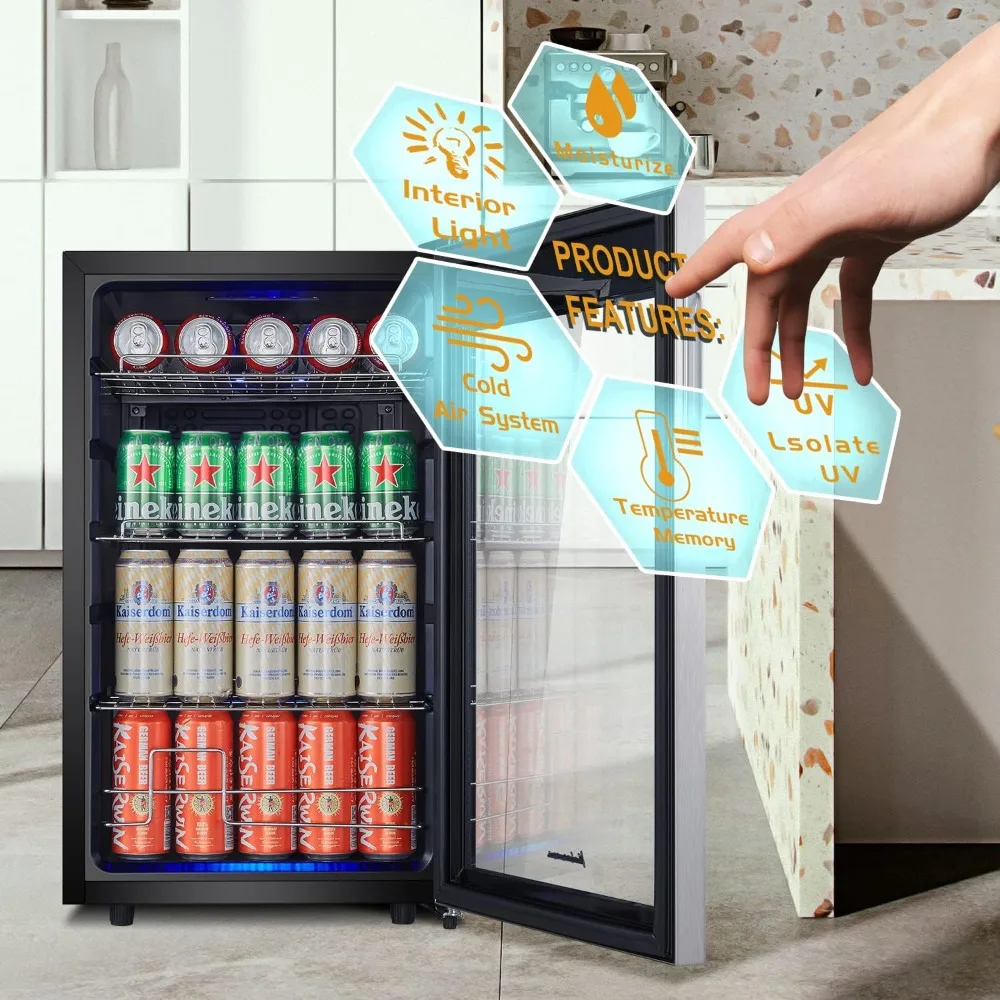 Mini Beverage Refrigerator Freestanding- 102 Cans Capacity Beverage Cooler- for Soda, Water, Beer or Wine