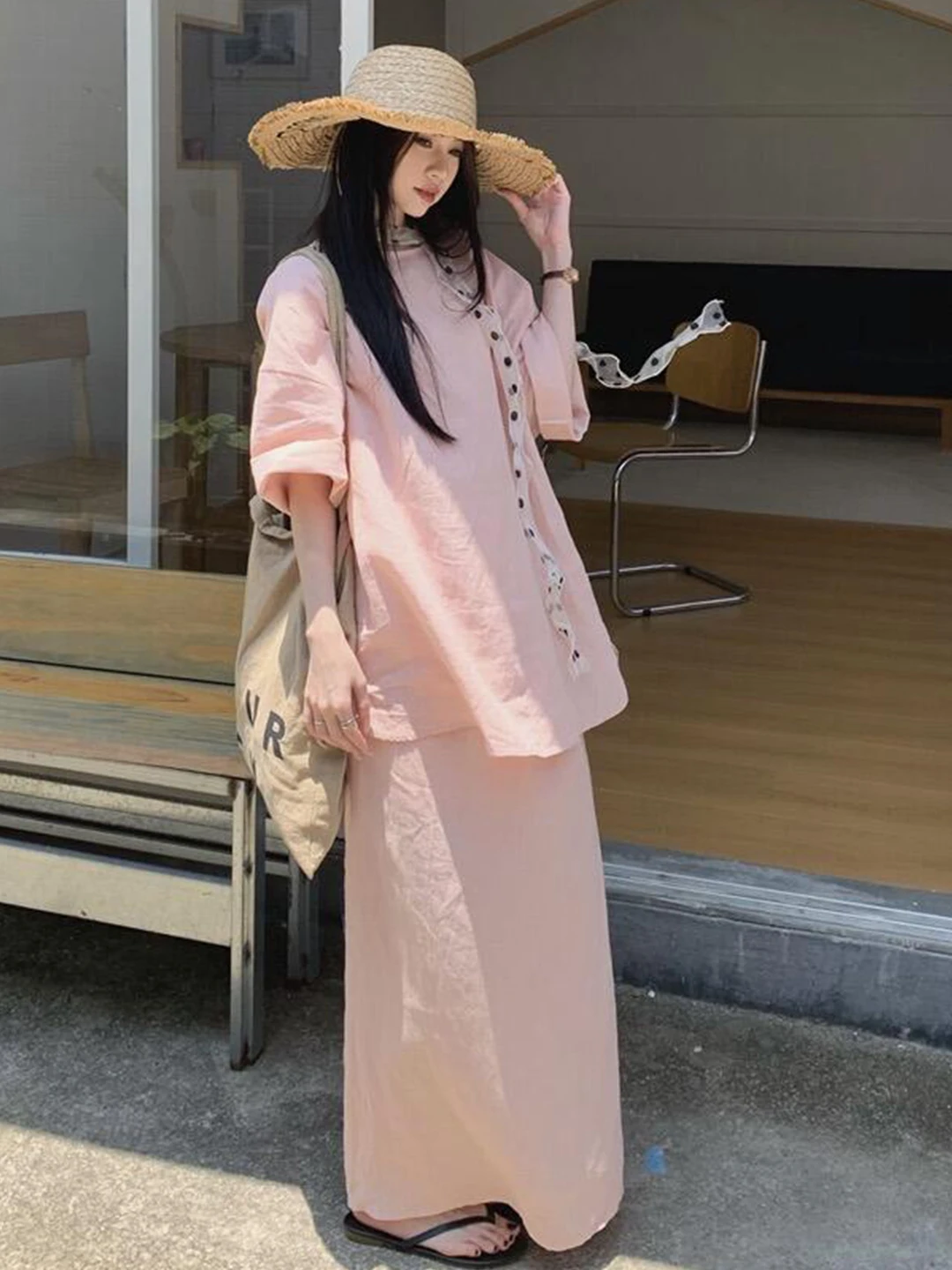 

Ladies Cotton Linen Set round Neck Loose Fit Summer Fashion Casual Style Two Piece Suit Pink Color Comfortable Breathable Mat...