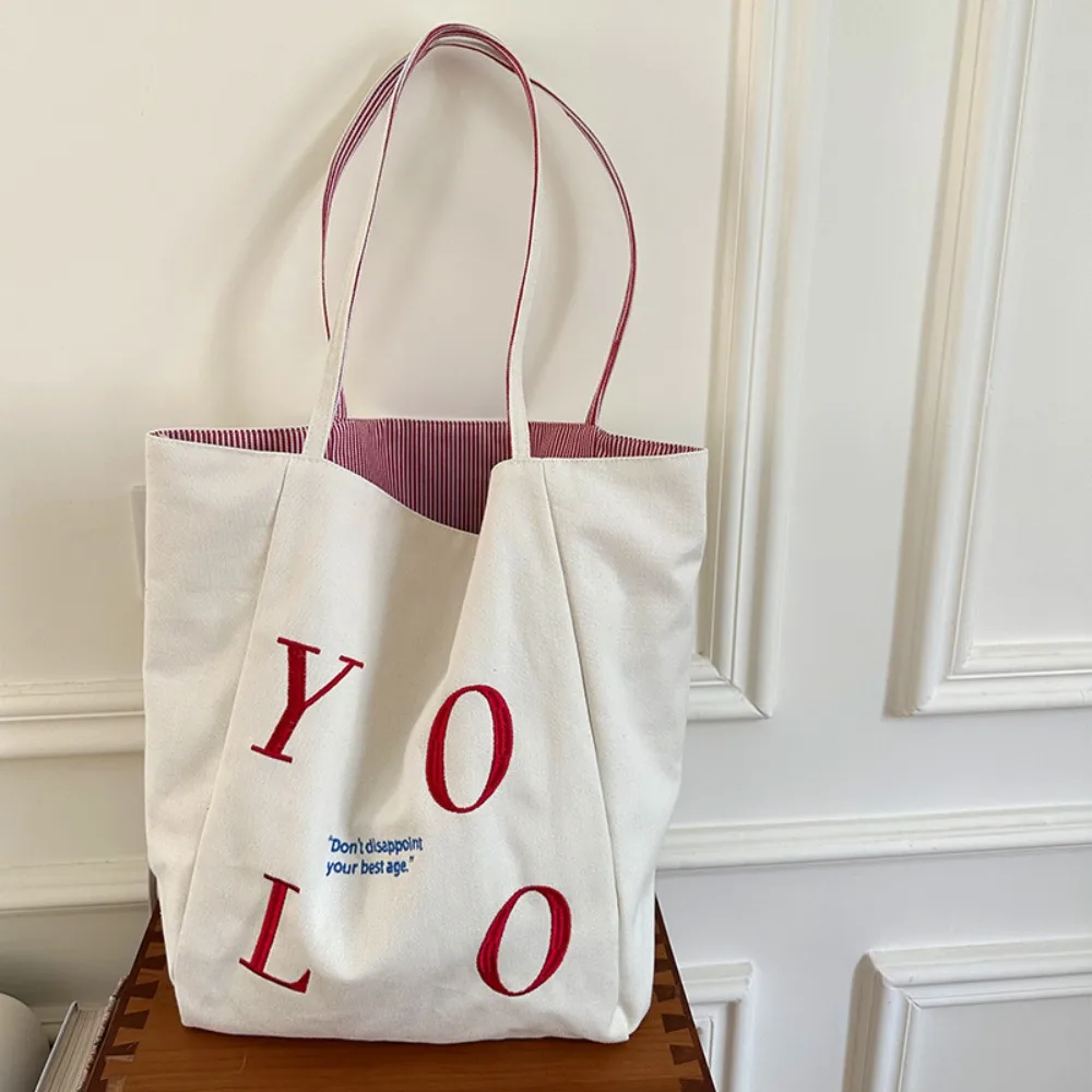 

Double-Sided Canvas Tote Bag Soft Fabric Simple Stripe Letter Embroidery Tote Bag Large Compartment Shoulder Bag