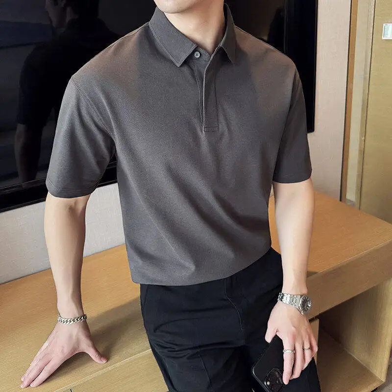 

Summer Fashion Invisible Button Polo Shirts New Men's Ice Silk Solid Color Short Sleeved Business Casual T-shirt Tops 4XL-M