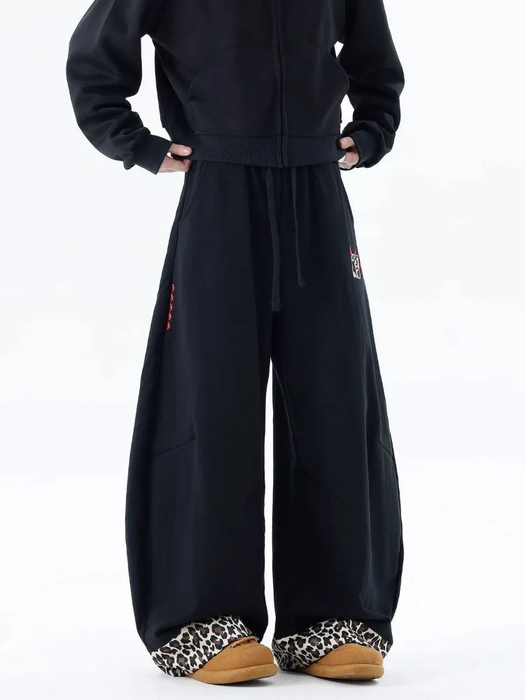 Women's Leopard Print Splicing Design Sweatpants Spring Wide Leg Trousers Vintage Cool Girl Female High Waisted Baggy Pants