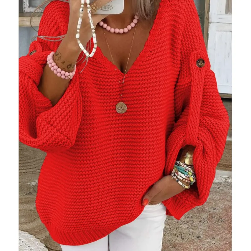 Casual Winter Clothes Woman Pulls Femmes All-match Loose Simple Style Sweater Comfortable Simple Style Commuting V-link Pullover