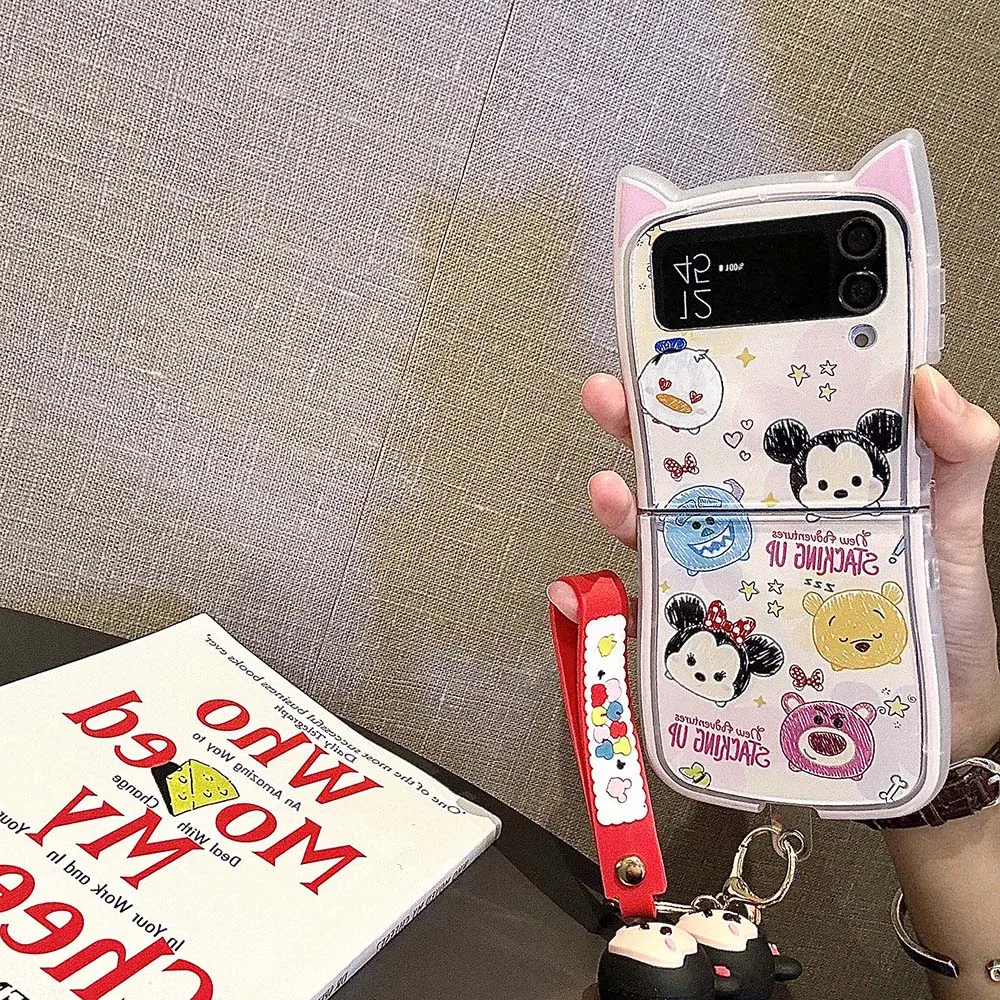 Cute Mickey Winnie the Pooh 3D Cat Ear With keychain Phone Case for Samsung Galaxy Z Flip 3 4 5 6 5G PC Hard Back Cover Funda