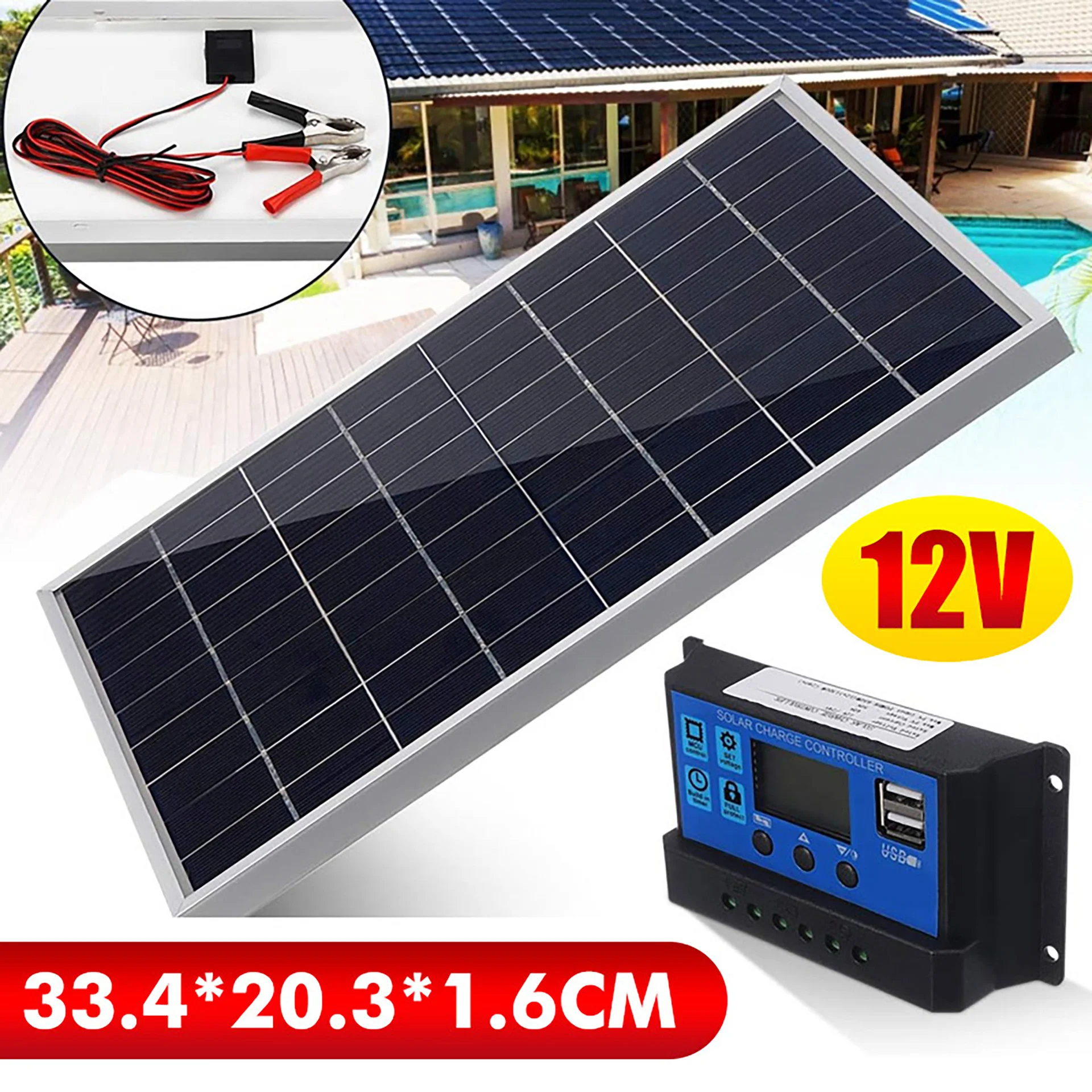 

10W Solar Panel Kit 100A Controller 4 Wires With Battery Clips Portable Outdoor Rechargeable Solar Cell Generator For Home