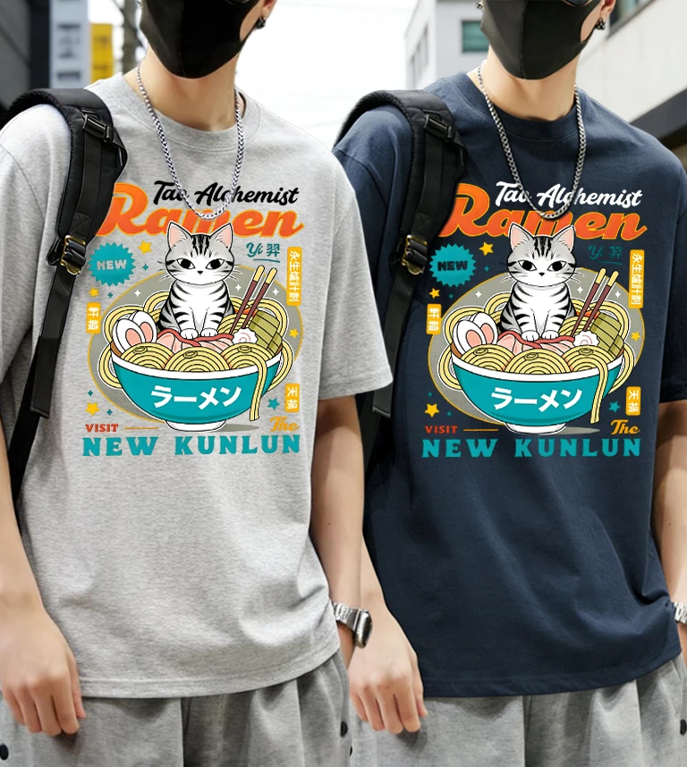 

Мужской летний тонкий хлопковый комплект из 2 предметов с принтом «Кот с миской лапши», молодежная пляжная футболка в стиле хип-хоп, уличная одежда с коротким рукавом