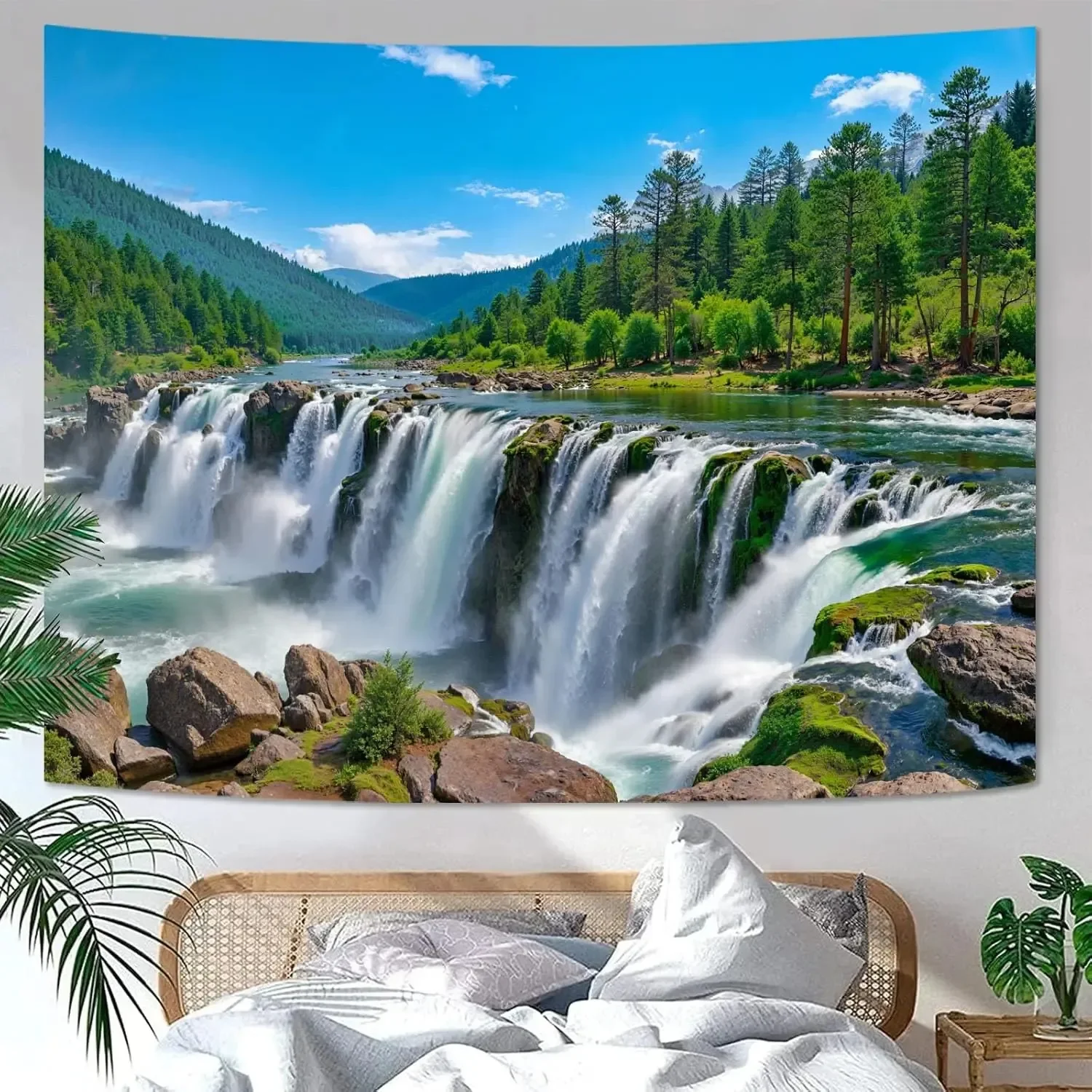Mini Forest Tapestry Wall Hanging with Stream Small Nature Wall Art for Bedroom Corner Living Room Home Office Aesthetic Decor