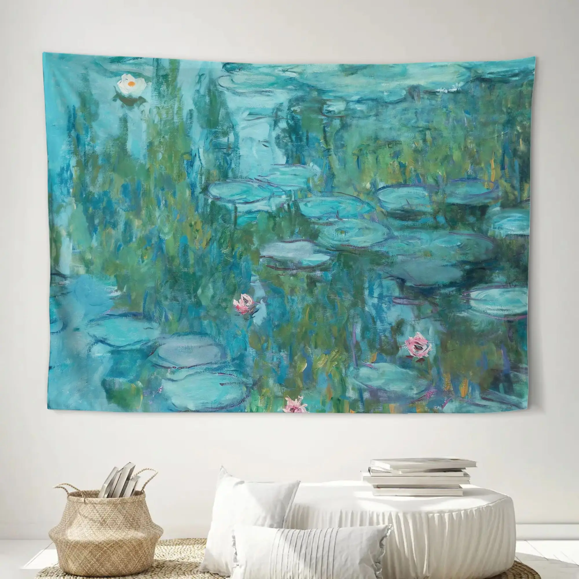 Decorative Lily Pond Tapestry Wall Hanging, Blue Green Water Lilies Nature Art Print, Tropical Aquatic Home Decor for Bedroom Li