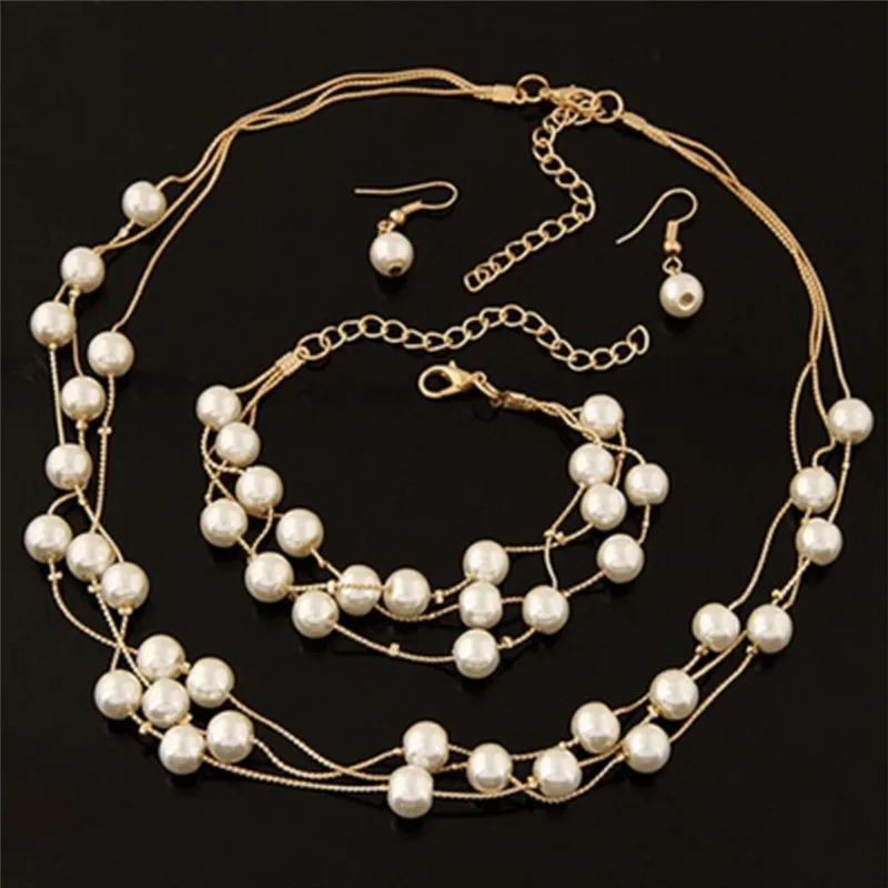 Fashion Multilayer Pearl Necklace Earrings Bracelet Jewelry Set Wedding Bridal